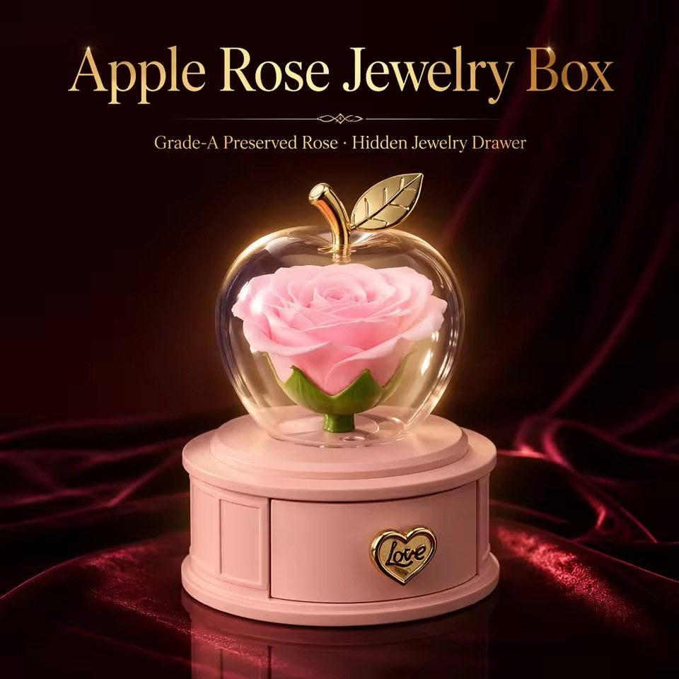 علبة ورد على شكل تفاحة مع درج للمجوهرات / Apple-shaped rose gift box with a jewelry drawer