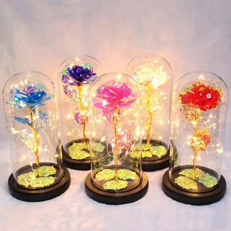 هدية قبة زجاجية بوردة مجرية مضاءة / Galaxy rose glass dome gift