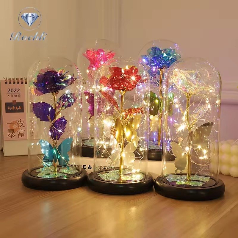 هدية قبة زجاجية مضاءة بوردة مجرية وفراشة / Butterfly galaxy rose LED glass-dome gift